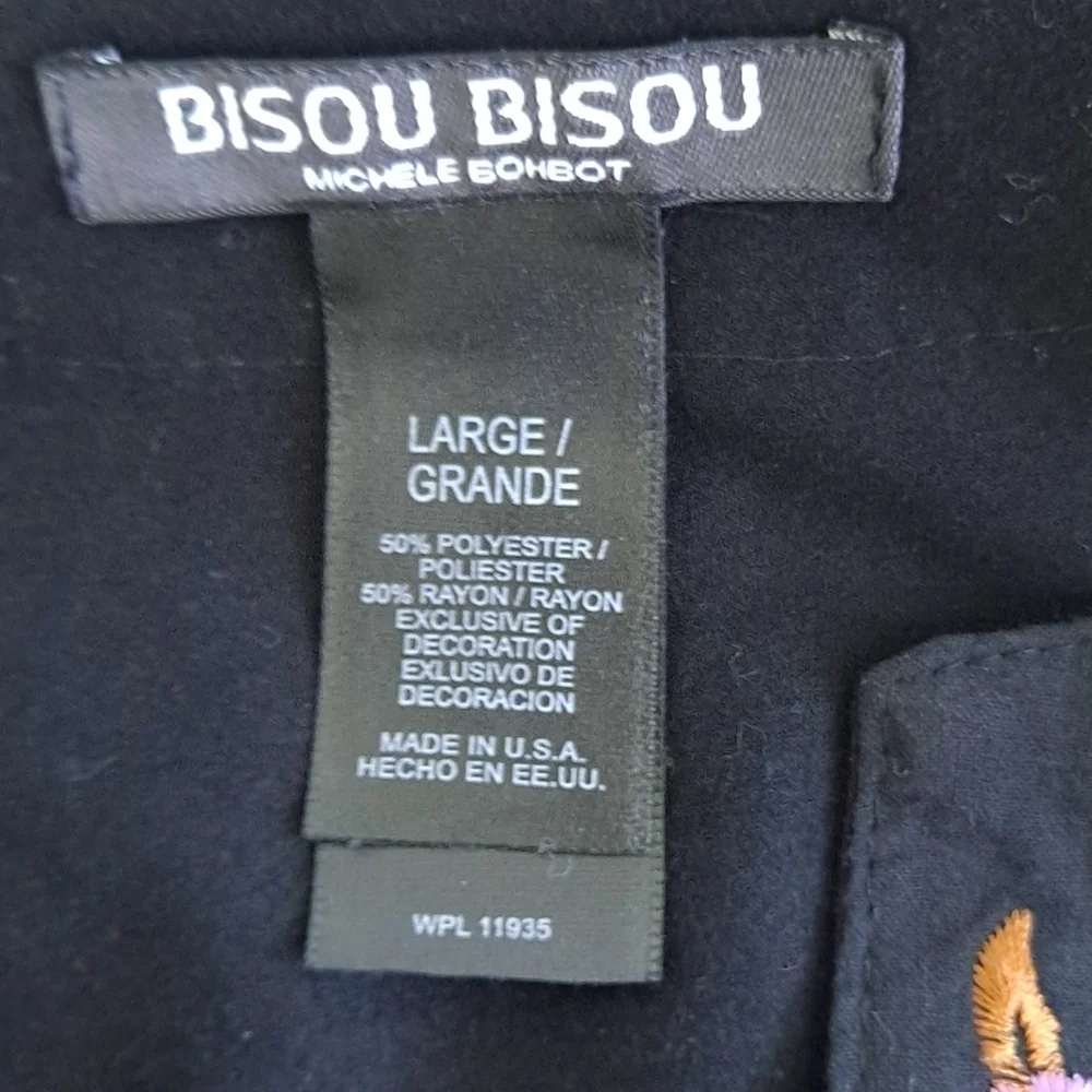 Bisou Bisou Michele Bohbot Vintage Black Boho Floral  Embroidered Top szL - Picture 6 of 6